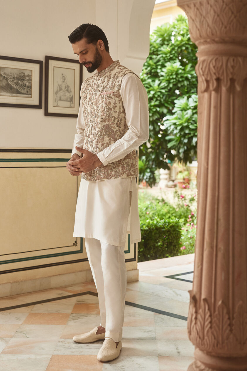 Ishir Embroidered Silk Nehru Jacket - Cream, Cream, image 3